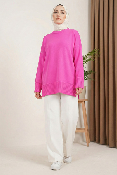MODAQU Ribbed Detailed Slit Knitwear Tunic - Pink