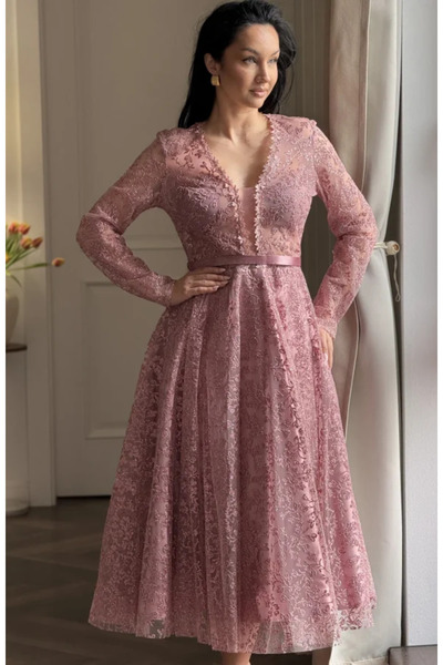 Myfashionizer Rochie midi din dantelă roz pentru ocazie