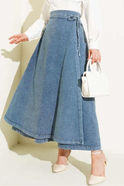 Bestenur Parça Detay Bağlamalı Kot Etek 1683 - Açık Mavi