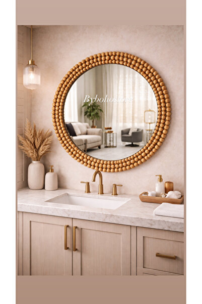BOHEM Yuvarlak Ahşap Boncuklu Duvar Aynası – Sıralı Doğal Ahşap Banyo & Lavab...
