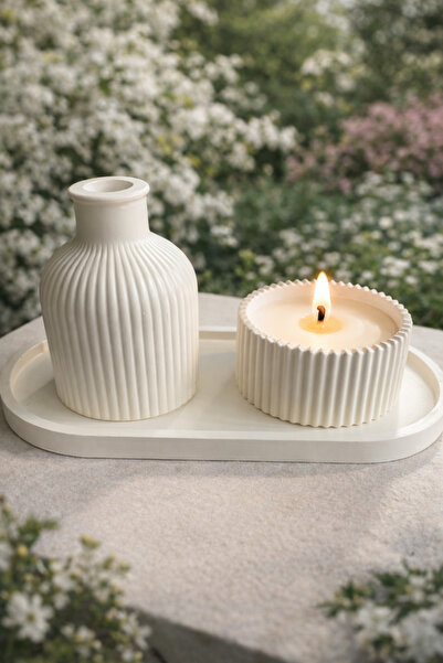 YİĞİTER Handmade Stone Powder Decorative Tray Set |   Candle Holder and Vase