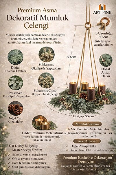 ART PINE Premium Asma Dekoratif Natural Mumluk Çelenk , Tavan Asmalı Handmade...
