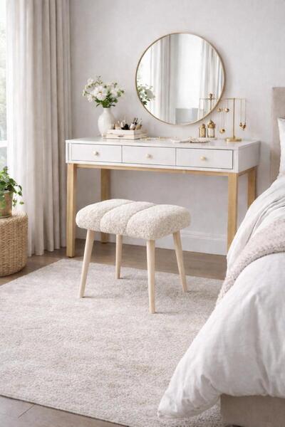 KOKİ DESİGN Peluş Kumaş Krem Dekoratif Puf Tabure Makyaj Masası Pufu