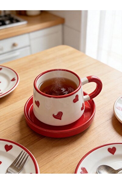 Ceramillion El Yapımı Kalp Desenli Seramik Mug Kupa