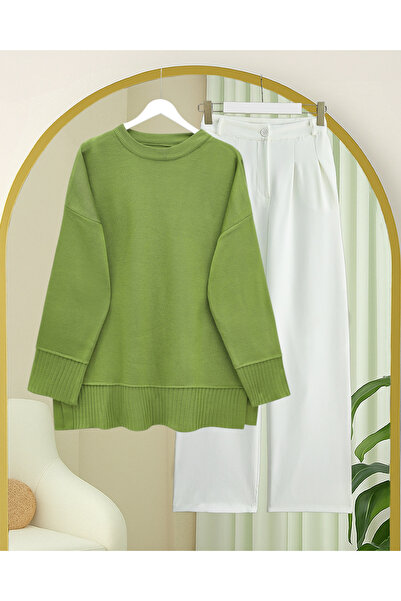 Modamorfo Ribbed Round Neck Slit Knitwear Tunic with Ribbed Hem and Sleeve Cu...