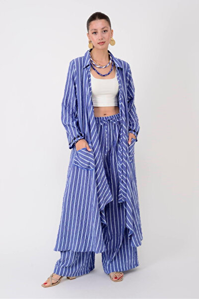 EREN STYLE Linen Striped Set with Olive Tree Embroidery on the Back