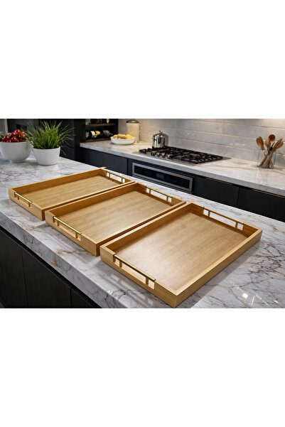 Tuğrastore 3 Piece Bamboo Modern Design Serving Tray Set