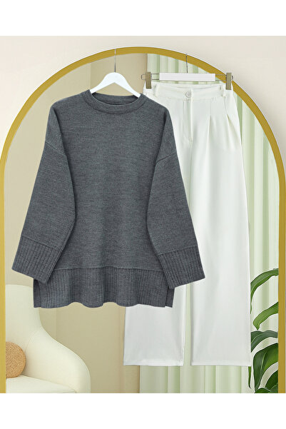 Modamorfo Ribbed Round Neck Slit Knitwear Tunic with Ribbed Hem and Sleeve Cu...