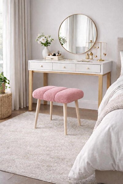 KOKİ DESİGN Peluş Kumaş Pembe Dekoratif Puf Tabure Makyaj Masası Pufu