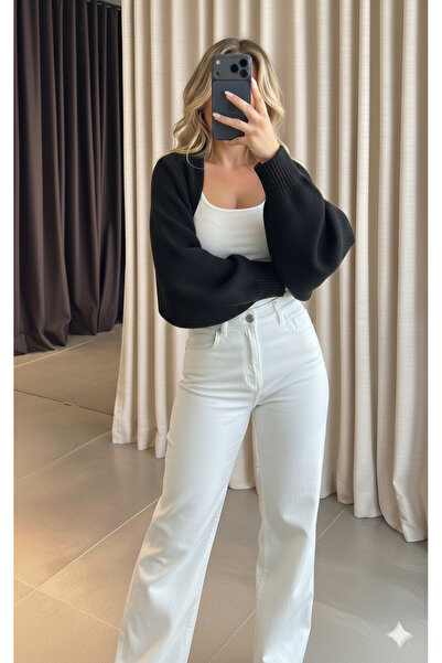 MaxiMor Kadın Siyah Renk Triko Örgü Reglan Kol Bolero Hırka Standart SMLXL Uyumlu 4 Mevsim