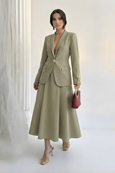 Potenza Women's Suit One Button Detail Mock Neck Blazer Jacket Long Bell Skir...