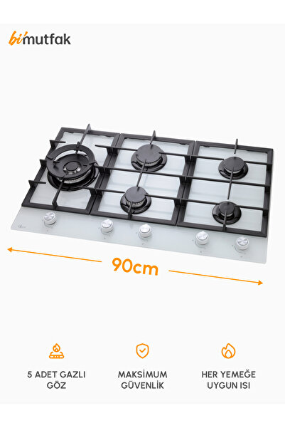 GL GENERAL Nowa 90cm 5 Gözlü Döküm Izgaralı Cam Ocak