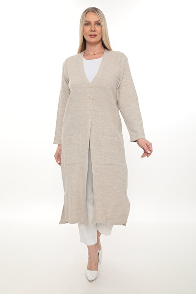 İKSUN Steel Knit Buttoned Pocketed Knitwear Winter Thick Long Mother's Knit C...