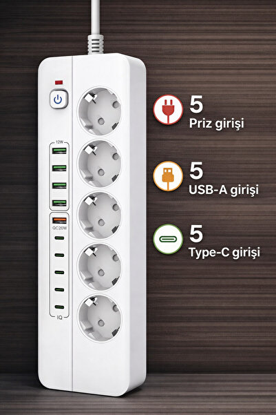 SMAYLİNG 3500W Akım Korumalı 5’li Priz | 5 USB-A + 5 Type-C |Açma Kapama Anahtarlı | 2 Metre Kablo