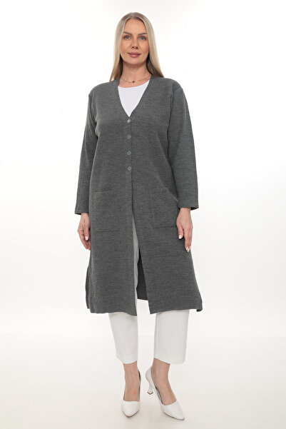 İKSUN Steel Knit Buttoned Pocketed Knitwear Winter Thick Long Mother's Knit C...