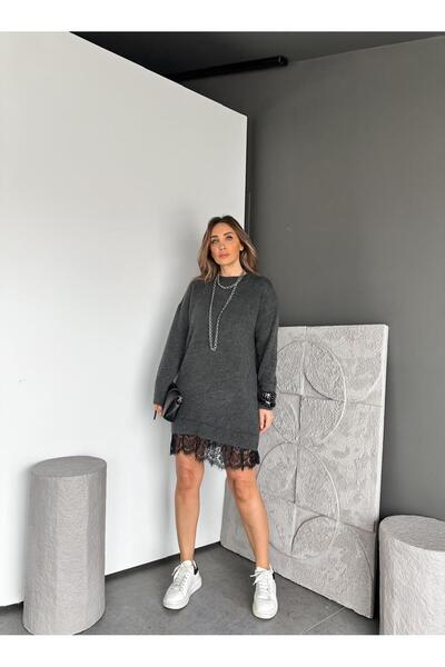 Zerrincan Giyim Gri Dantelli Triko Elbise