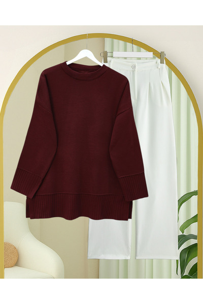 Modamorfo Ribbed Round Neck Slit Knitwear Tunic with Ribbed Hem and Sleeve Cu...