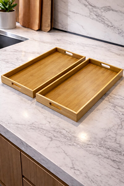 Tuğrastore 2 Pieces Bamboo Modern Design Serving Tray Set