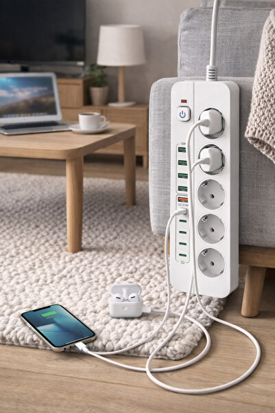 SMAYLİNG 3500W Akım Korumalı 5’li Priz | 5 USB-A + 5 Type-C |Açma Kapama Anahtarlı | 2 Metre Kablo