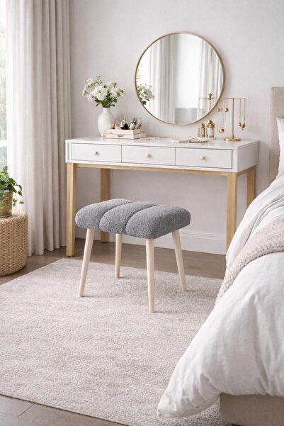 KOKİ DESİGN Peluş Kumaş Gri Dekoratif Puf Tabure Makyaj Masası Pufu