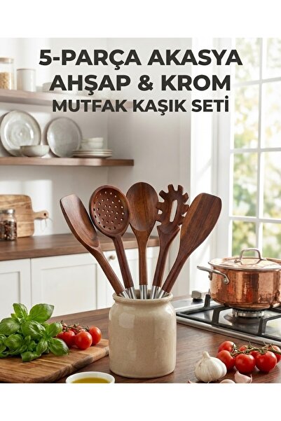 Ogeda Home, Mien 5 Parça Akasya Ahşap Mutfak Kaşık Seti – Krom Saplı - Doğal ...