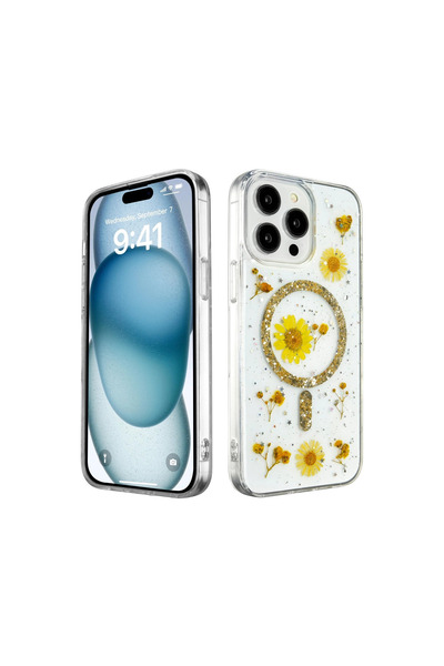 eco port iPhone 14 Pro Max Case Daisy Glitter Magsafe Cover - Gold