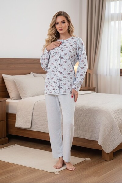 Lohussa Women's Blue Floral Patterned Full Buttoned Long Sleeve Relaxed Cut C...