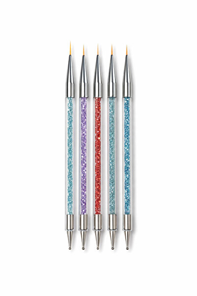 OEM Nail Art Brush Set with Fine Tip + Dotting Tool, Crystal Handle – 5 Pieces