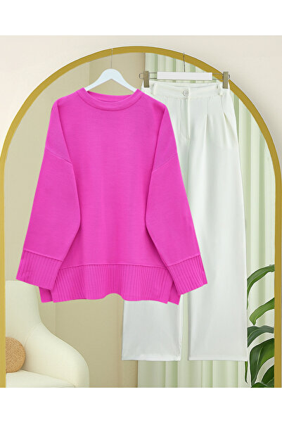 Modamorfo Ribbed Round Neck Slit Knitwear Tunic with Ribbed Hem and Sleeve Cu...