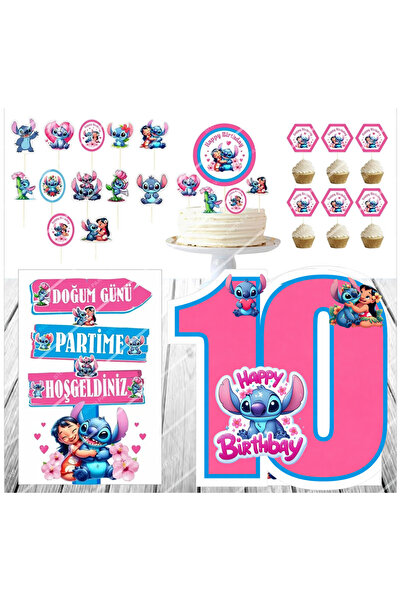 abjad 10 Yaş Lilo ve Stitch (Stiç) Doğum Günü Pasta Süsü Ayaklı Pano Seti