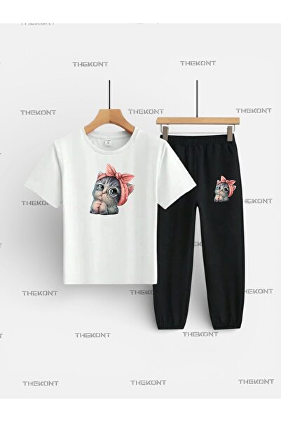 THEKONT Cute Cat Printed Top and Bottom Kids' Set (T-Shirt and Pocketed Sweat...