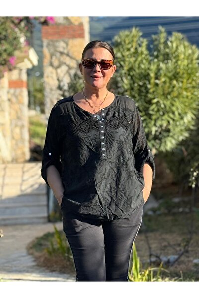 Punta Otantik Yg18297 Embroidered Sequin Detailed Blouse Light Black