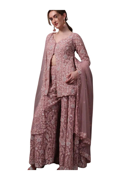 MYSMAR بلوزة بالازو وردية اللون من قماش جورجيت صناعي مع شال - HRT6433 | وردي