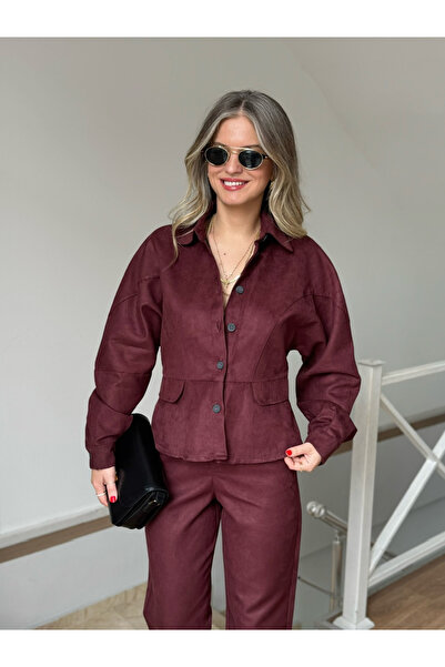 2she Button-Front Suede Trouser Shirt Set - Burgundy