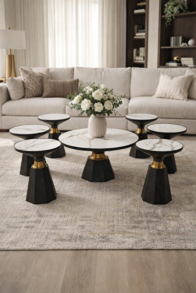 MARIA HOMES Modern 7-Piece Coffee Table Set Ceramic Top Black Base Gold Detai...