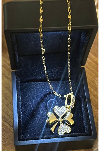 mibrillo Kuyum Model Zircon Stone Heart-Shaped Clover Necklace (Valentine's D...