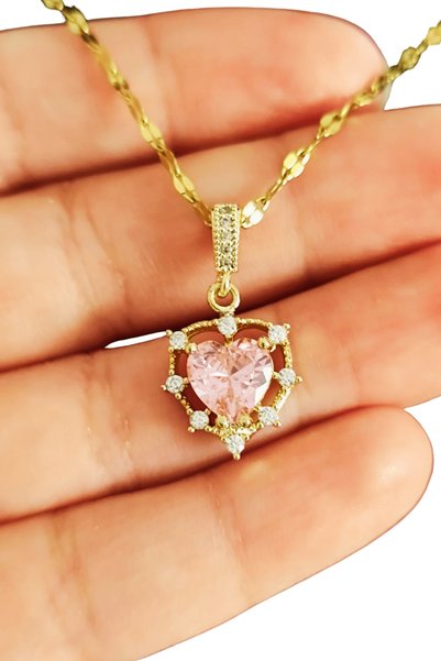 BB BİBUTİKSHOP Pink Royale Sparkling Heart Stone Necklace