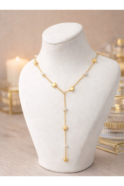 Westia Star Figured Pearl Detailed Dangle Women's Steel Necklace – Gold Color