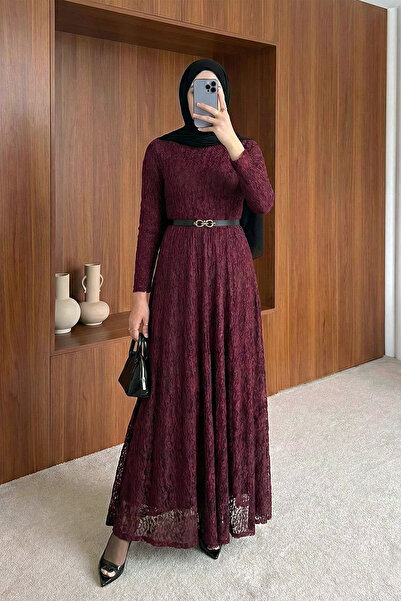 MODAQU Sara Lined Belted Lace Dress - Burgundy