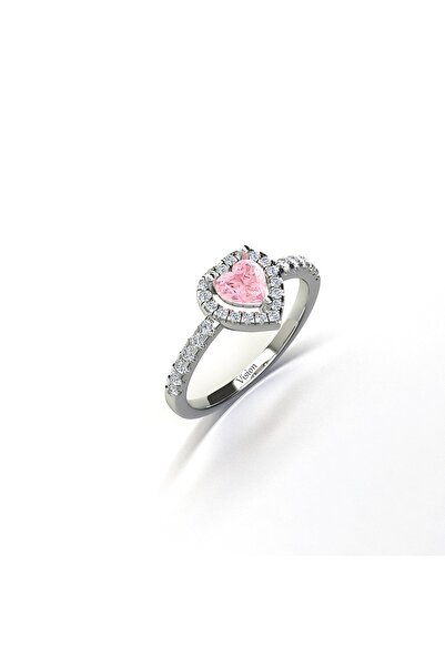 Vision Pırlanta 14 Ayar Beyaz Altın Kaplama Işıltılı Pembe Kalp Taşlı Yüzük 9...