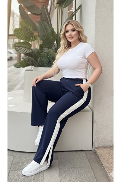 Butik Nilyam Women's Plus Size Stripe Slit Two-Thread Sweatpants 24605 Navy Blue