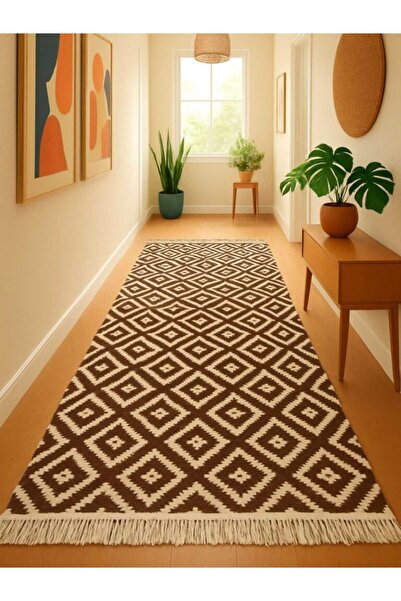 OEM Traditional Carpet, size 80 x 300 cm brown and cream, model Geometric 03