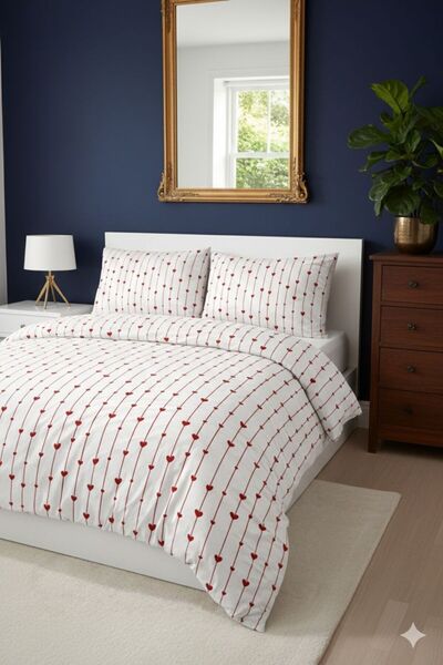 Home Heart Patterned Double Duvet Cover Set (Elastic Fitted Sheet 180X200)