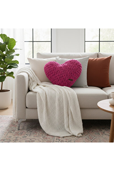 Ayona El Örgüsü Fuşya Puffy Kalp Yastık - Ultra Yumuşak Hediyelik Dekoratif Y...
