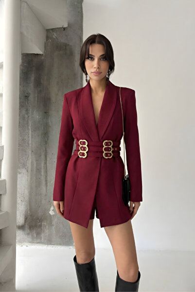 Potenza Women's Blazer Jacket Gold Triple Belt Detail Double-Breasted Collar ...