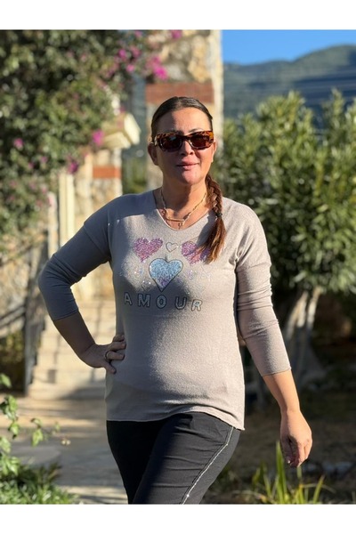 Punta Otantik Yg27070 Amour Printed Italian Knitwear Blouse Mink