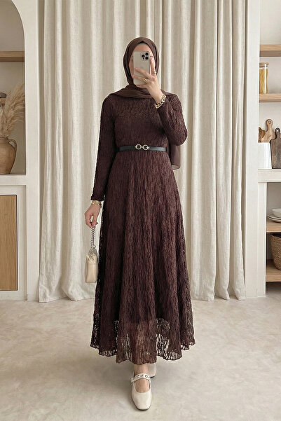 MODAQU Sara Lined Belted Lace Dress - Brown