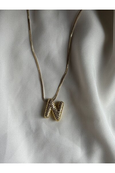 lotusbybuket Vip zirkon taşlı balon model çelik gold N harf kolye