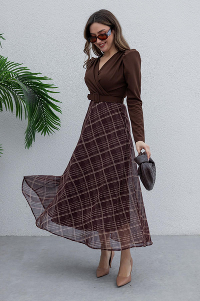 MOZENA Double-Breasted Skirt Plaid Patterned Belted Crepe Midi Dress