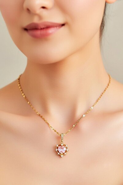 BB BİBUTİKSHOP Pink Royale Sparkling Heart Stone Necklace